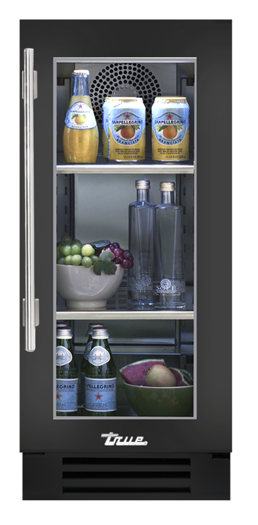 15" undercounter refrigerator in gloss black and glass